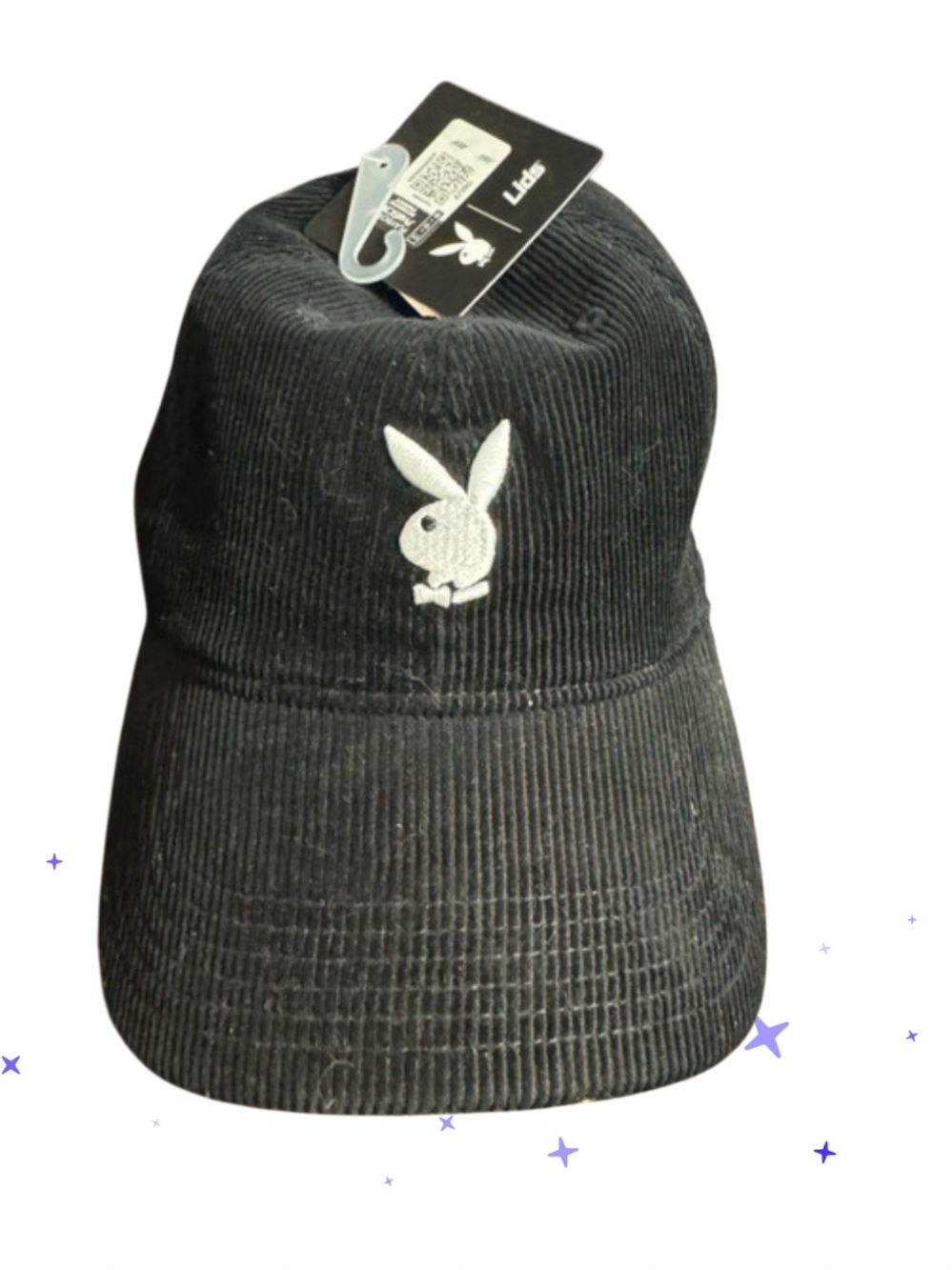 NWT-Lids Playboy Black Corduroy Baseball Cap with White Bunny Logo